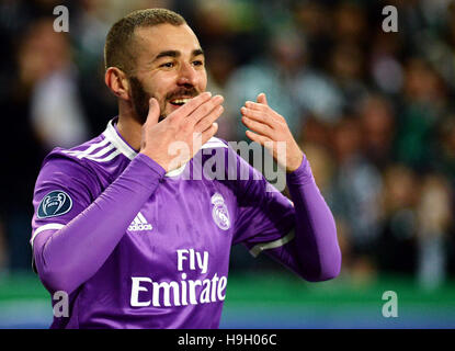 Lisbonne, Portugal. 22 Nov, 2016. Karim Benzema du Real Madrid fête marquant au cours de l'UEFA Champions League Groupe F match de foot entre Sporting CP et Real Madrid CF au stade Alvalade à Lisbonne, Portugal, du 22 novembre 2016. Le Real Madrid a gagné 2-1. Credit : Zhang Liyun/Xinhua/Alamy Live News Banque D'Images