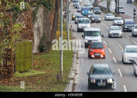 Stuttgart, Allemagne. 24 Nov, 2016. Voitures passer devant un mur de mousse (L), présentés comme le projet pilote pour la réduction de la pollution, la poussière fine sur Cannstatter-Strasse à Stuttgart, Allemagne, 24 novembre 2016. Les scientifiques de l'Universtity de Bonn a découvert dans les études de laboratoire que moss peut déposer et lier les fines particules de poussière de l'air. Photo : Lino Mirgeler/dpa/Alamy Live News Banque D'Images