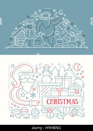 Joyeux Noël simple ligne design card avec les vacances des symboles - Père Noël, arbre de Noël, house, le gui Illustration de Vecteur