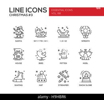 Noël et Nouvel An - ensemble de vecteur ligne moderne simple conception d'icônes et pictogrammes. Santa, sac de shopping, traîneau, couronne de fleurs, d'oiseaux, maison, Noel, moufle. Illustration de Vecteur