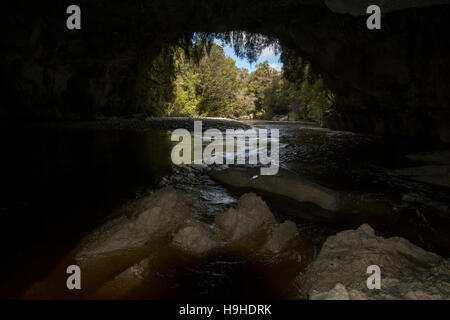 Les eaux de couleur tanin sculpté le passage de la porte de la Moria nommé d'après Tolkien Le Seigneur des anneaux dans les calcaires de l'Oparara Valley. Banque D'Images