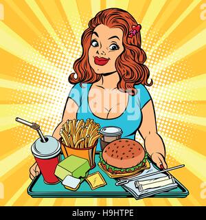 Jeune femme de style de vie et un déjeuner dans le fast food restaurant Illustration de Vecteur