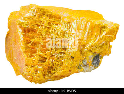 La prise de vue macro de spécimen de minéral naturel - jaune orpiment (ratebane, arsenic jaune, jaune) ratebane morceau isolé sur fond blanc Banque D'Images