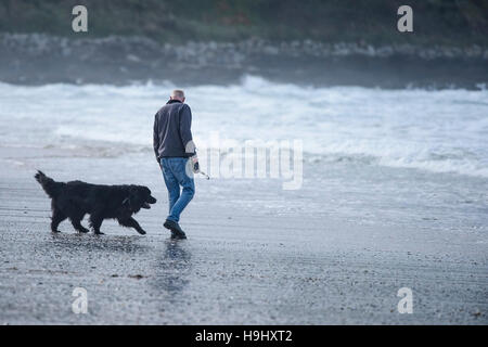 Un homme promène son chien sur la plage de Fistral, Newquay, Cornwall. Banque D'Images