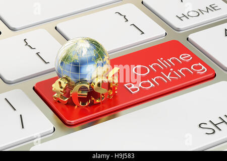 Concept de services bancaires en ligne sur le bouton clavier rouge, 3D Rendering Banque D'Images