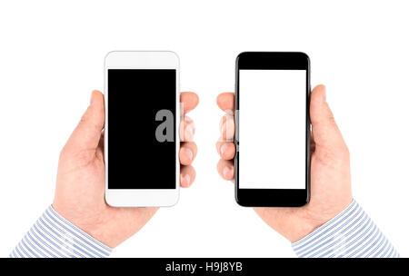 Isolated on white hands holding smartphones avec écran vide. Banque D'Images