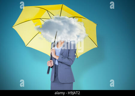 Composite image portrait of smiling businesswoman holding umbrella jaune Banque D'Images