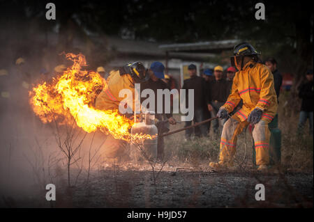 Silhouette de pompiers la lutte contre un feu faisant rage avec d'immenses flammes de bois brûlant Banque D'Images