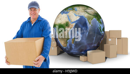 Composite image of delivery man holding cardboard box Banque D'Images