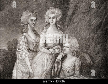 Les trois filles aînées du roi George III. De gauche à droite : Charlotte, princesse royale, 1766 -1828. Elle a été reine de Wurtemberg comme l'épouse du roi Frédéric, La Princesse Augusta Sophia du Royaume-Uni, 1768 - 1840 La princesse Elizabeth et du Royaume-Uni, 1770 - 1840. Banque D'Images