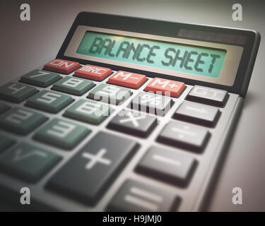 Calculatrice solaire avec le mot bilan sur l'écran. 3D Illustration, concept de droit des affaires et de la finance. Banque D'Images