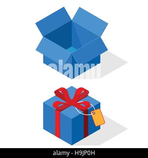 Boîtes cadeau bleu. Ouvert et fermé. Ruban rouge et arc. Illustration de Vecteur
