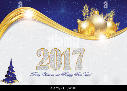 Elegant 2017 Noël et Nouvel An carte de souhaits avec des décorations de Noël (boules de Noël et l'arbre de Noël, feux d'artifice). Banque D'Images