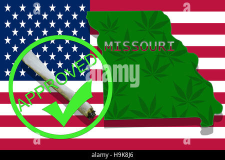 Missouri sur fond de cannabis. Politique en matière de drogues. Légalisation de la marijuana sur USA drapeau, Banque D'Images