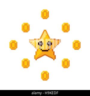 Happy star pixel jaune avec des pièces d'or autour. La conception de l'interface de jeu vidéo. Design coloré. vector illustration Illustration de Vecteur