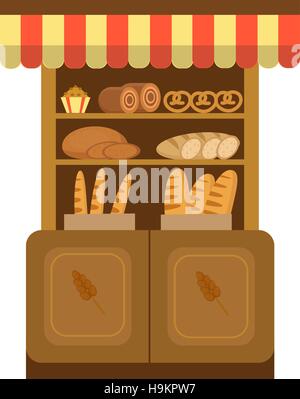 Étagère de boulangerie. La cuisson en vedette l'icône. Du pain sur la télévision , style. et pâtisseries magasins dans le supermarché. Vector illustration Illustration de Vecteur