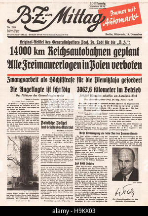 1938 Berliner Zeitung Am Mittag front page Allemagne's plans autobahn Banque D'Images