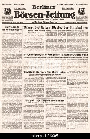 1938 Berliner Börsen Zeitung (Allemagne) front page Allemagne plans autobahn Banque D'Images