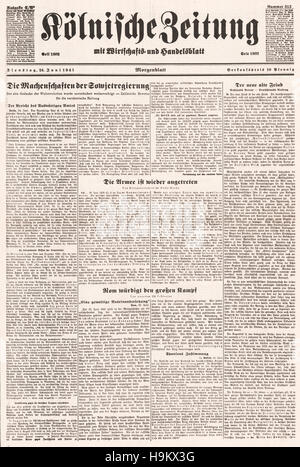 1941 Kölnischer Zeitung page avant l'Allemagne nazie envahit l'Union Soviétique Banque D'Images