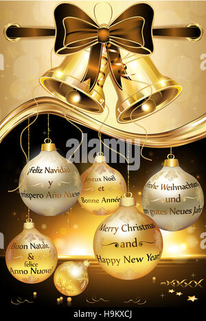 Carte de souhaits pour la nouvelle année avec un message en plusieurs langues : anglais (Joyeux Noël et une Bonne Année), Banque D'Images