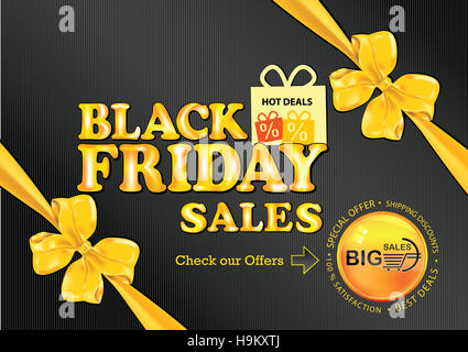 Le vendredi noir affiche publicitaire pour l'impression. Contient un ruban jaune élégant et un sac shopping et un timbre Vendredi noir. Banque D'Images