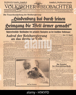 1934 Völkischer Beobachter page avant la mort de président allemand Paul von Hindenburg Banque D'Images