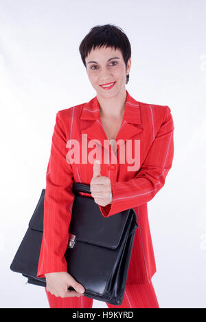 Femme avec un porte-documents réussie, Thumbs up Banque D'Images