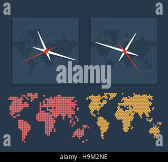 World Time Zone avec des cartes et des horloges Banque D'Images