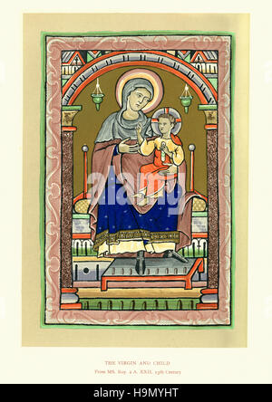 Illustration du manuscrit médiéval de la Vierge Marie et l'enfant, 13e siècle Banque D'Images