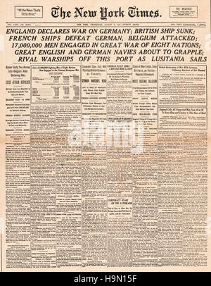 1914 New York Times page avant la Grande-Bretagne déclare la guerre à l'Allemagne Banque D'Images