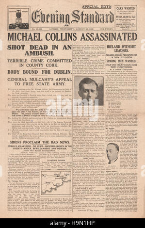 1922 Evening Standard page d'assassinat de Michael Collins Banque D'Images