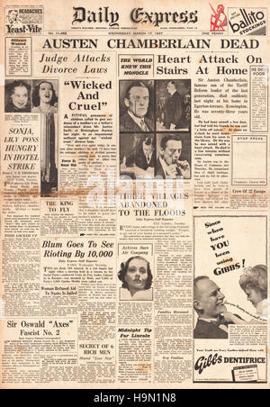 1937 Daily Express front page mort d'Austen Chamberlain Banque D'Images