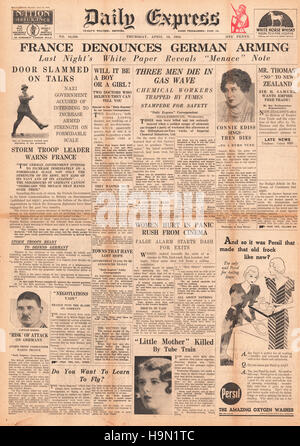 1934 Daily Express première page France dénonce le réarmement allemand Banque D'Images