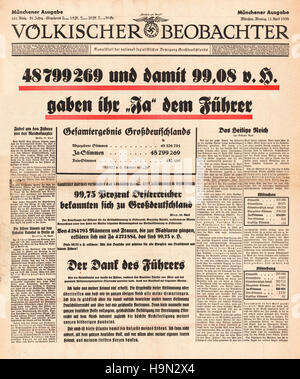 1938 Volkischer Beobachter glissement élection générale pour Adolf Hitler et le NSDAP Banque D'Images