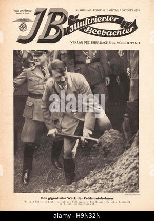 1933 Illustrierte Beobachter page d'Adolf Hitler est un chat en cérémonie d'inauguration des travaux de construction de la première section de l'autoroute de Frankfurt am Main à Darmstadt Banque D'Images