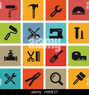 Icônes d'ordinateur avec des outils de construction et de réparation des objets Banque D'Images