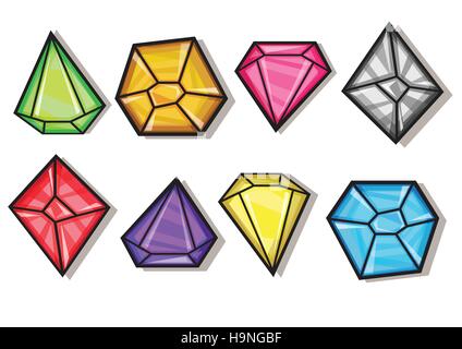 Cartoon vector diamants Pierres précieuses et de l'ensemble des icônes de différentes couleurs sur le fond blanc Illustration de Vecteur