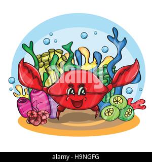 Heureux le crabe dans océan - cartoon vector illustration Illustration de Vecteur