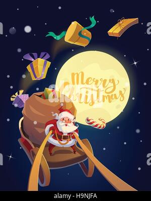 Carte de Noël. La botte de Père Noël avec des cadeaux et des friandises équitation sur un traîneau avec la lune à l'arrière-plan. Joyeux Noël le lettrage. Mauvais vecteur Illustration de Vecteur