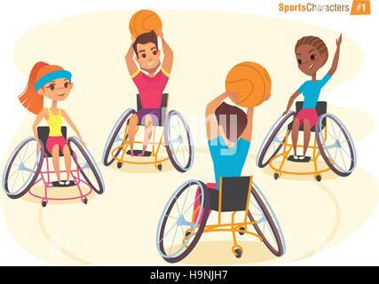 Caractères handisport. Les garçons et les filles en fauteuil roulant Handicap en vue à la première personne. Réadaptation médicale de l'illustration. Illustration de Vecteur