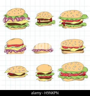 Restauration rapide hamburger doodle set - vector illustration Illustration de Vecteur