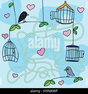 Jeu de labyrinthe - illustration vectorielle avec drôle oiseaux - trouver la bonne manière Illustration de Vecteur
