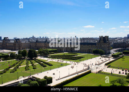 Vue aérienne de personnes bénéficiant d'un temps ensoleillé au Jardin des Tuileries à Paris. Vaste, 17ème siècle jardin formel parsemé de statues, dont 18 Banque D'Images