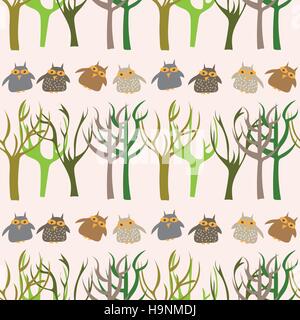 Forêt modèle transparent avec mignon hiboux. pour la conception de tissu, papier peint, textile, emballage et autres trames. Vector illustration Illustration de Vecteur