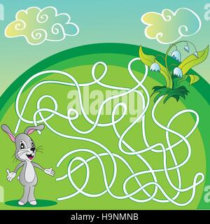 Labyrinthe Labyrinthe, vecteur de jeu pour les enfants avec le lièvre et de fleurs Illustration de Vecteur