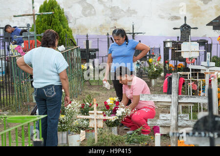 Une famille mexicaine prend des fleurs à la tombe d'un parent à l'Nuestra Se-ora de Guadalupe cemetery pendant le jour de la fête des morts le 1 novembre, 2016 à San Miguel de Allende, Guanajuato, Mexique. La semaine de célébration est un moment où les Mexicains bienvenue les morts à la terre pour une visite et célébrer la vie. Banque D'Images