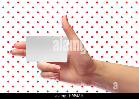 Main de femme droite maintenez blanc vierge Maquette de carte. Carte SIM prépayée en plastique cellulaire Smart Tag NFC Transpondeur RFID EPC Id-card appel Mock Up Modèle avec Ro Banque D'Images