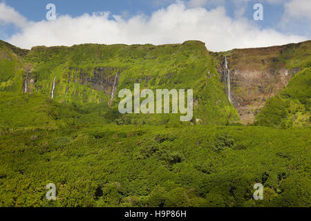 Paysage aux Açores avec cascades et falaises de l'île de Flores. Le Portugal. L'horizontale Banque D'Images