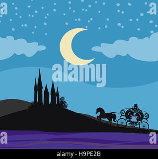 Transport de chevaux et un château médiéval Banque D'Images