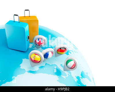 3D Illustration. Globe avec une carte de communication et de valise. Concept de voyage. Isolé sur fond blanc. Banque D'Images